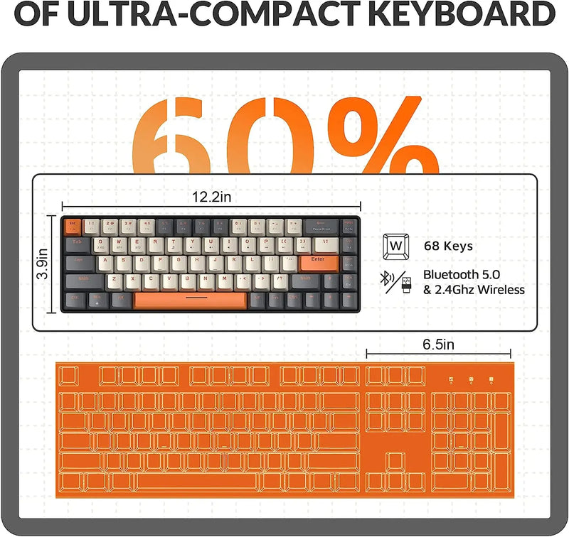 Teclado Mecânico Sem Fio 60% - Bluetooth, 68 Teclas, Switch Vermelho